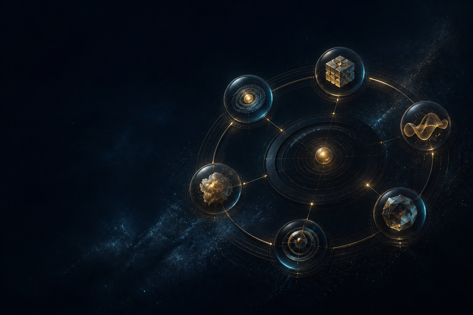 Système orbital abstrait reliant les expertises digitales de Multiverse Concept