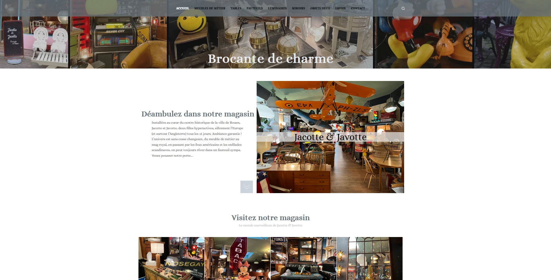 Aperçu du site Jacotte et Javotte : brocante de charme, photographies du magasin et objets anciens.