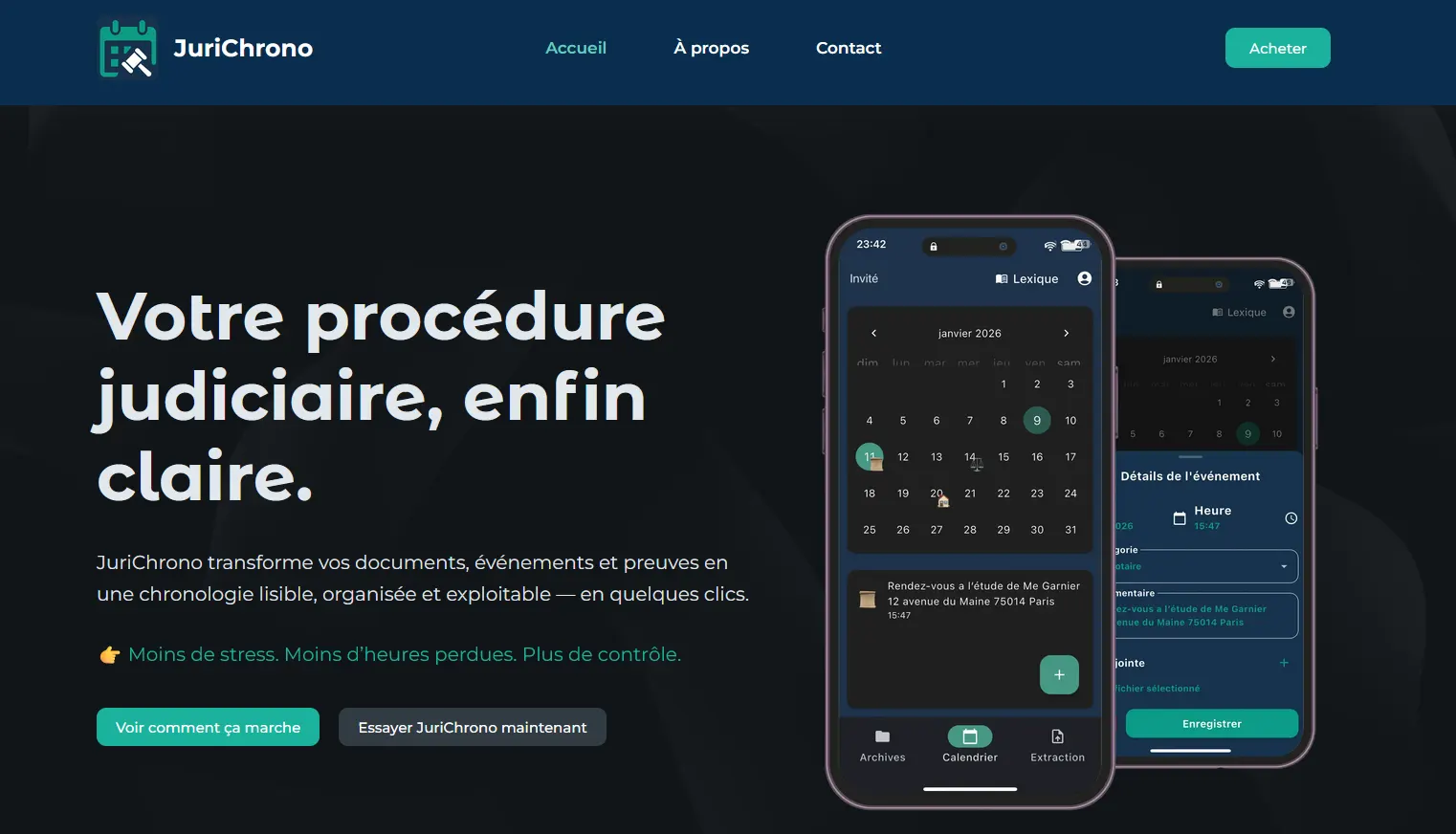 Aperçu du site Jurichrono : présentation de l’application et de ses écrans sur smartphone.
