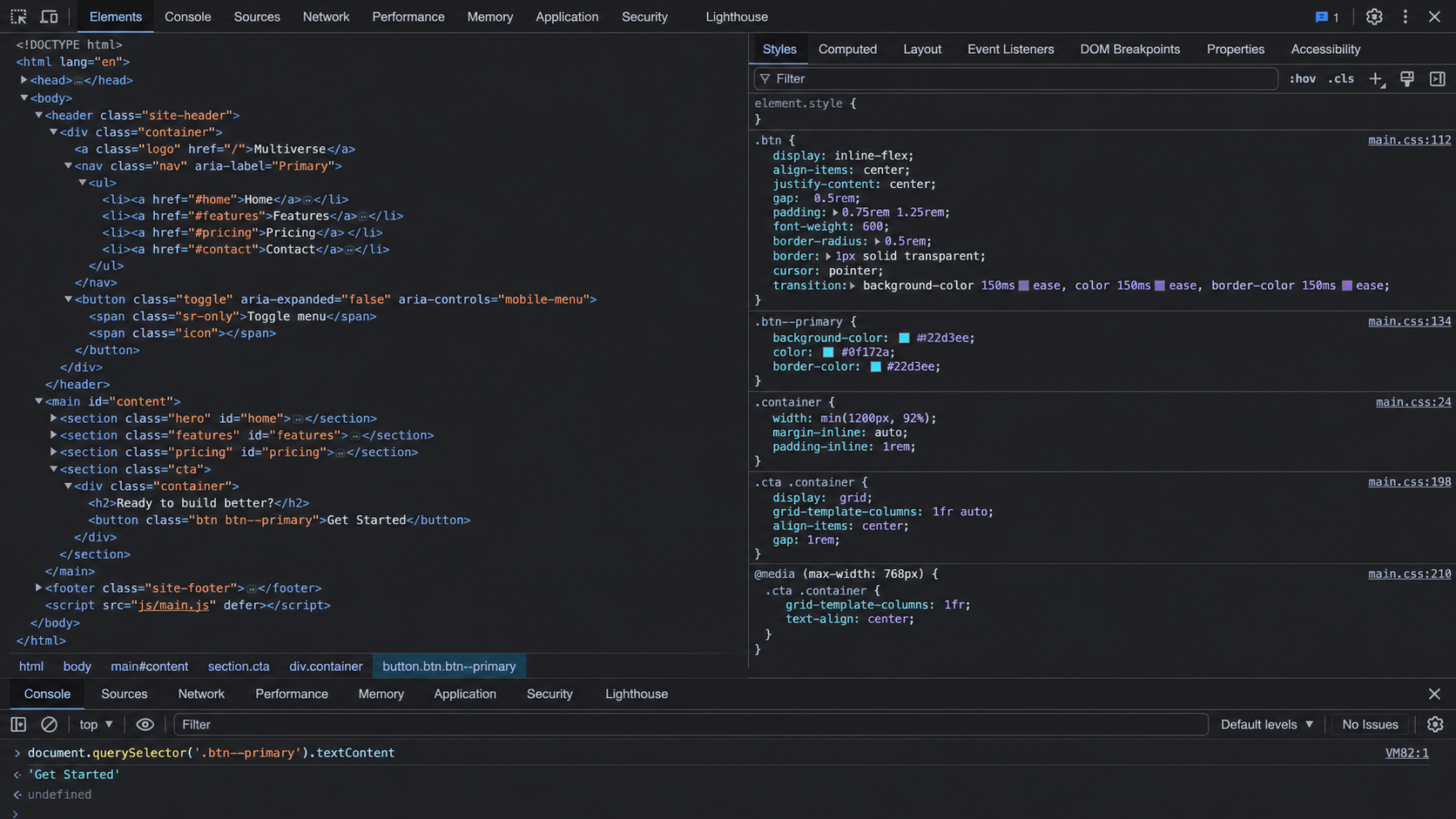 Inspecteur des outils de développement Web présentant le HTML, le CSS et la console JavaScript